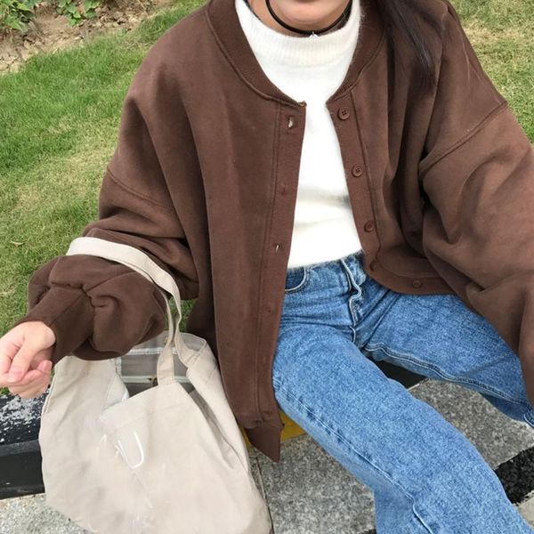 

oversized solid bomber jacket women button retro coat women cardigan knitting long sleeve loose coat, Black;brown