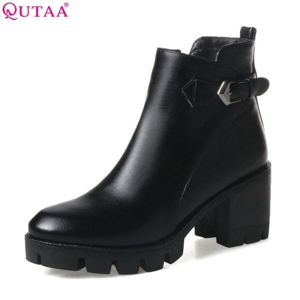 

qutaa 2020 women ankle boots square high heel zipper round toe women pu leather buckle black ladies motorcycle boots size 34-43