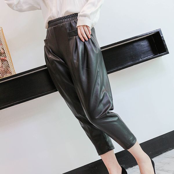 

loose genuine harem pants real leather women fashion black sheepskin ladies ankle length trousers female casual clothes, Black;white
