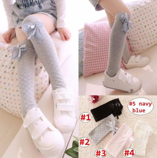 

38cm girl knee high socks children solid color grid leggings baby spring autumn legwarmer with bow 5colors, Pink;yellow
