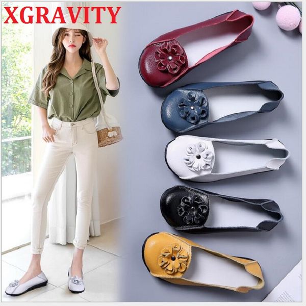 

xgravity big size flats new lady fashion flat shoes elegant comfortable pure color woman genuine leather female shoes c077, Black
