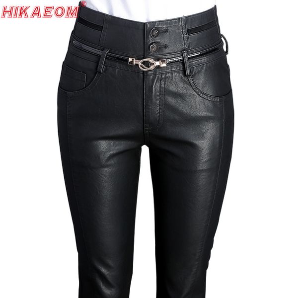 

high waist skinny pants black women autumn winter casual pants fashion pu leather button sashes pockets pencil 2020 new, Black;white