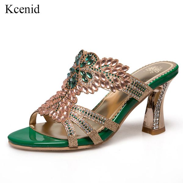 

kcenid new glittering fashion rhinestone open toe cut-out shoes woman high heels sandals slip-on summer shoes plus size 32-46, Black