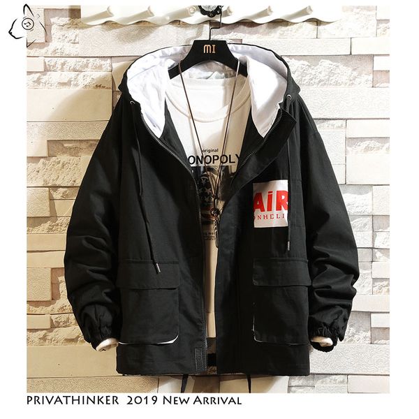 

autum hooded cargo jacket zipper pocket bomber jacket 2020 casual streetwear tooling coats outdoors, Black;brown