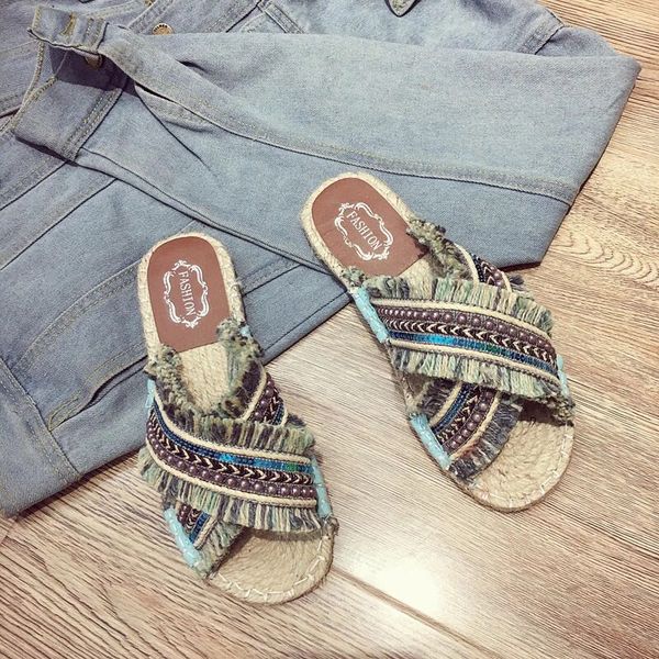

bohemia style linen vintage women summer slippers beaded straw woven female fisherman shoes fashion slippers flat heel 35-40, Black