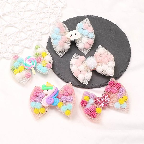 

good quality girls bow hairpin plush ball fruit hair clip rainbow barrettes for kids girls children hair accessories 10pcs, Slivery;white
