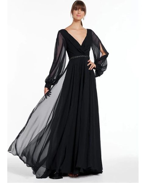 

a-line empire black holiday formal evening dress v neck long sleeve floor length chiffon with beading, Black;red