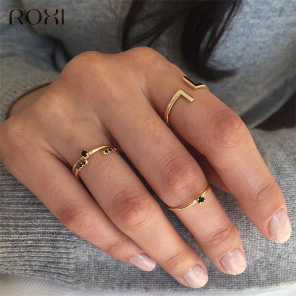 

roxi 925 sterling silver rings wedding jewelry thin black stone crystal rings for women finger jewelry dainty engagement, Golden;silver
