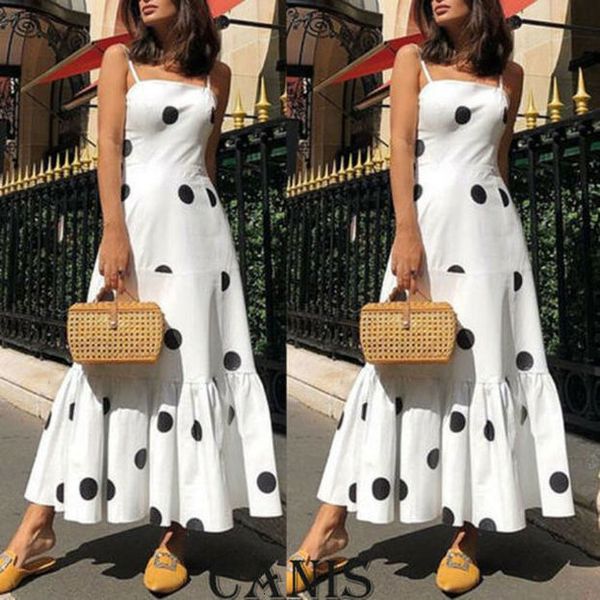 

2020 new summer fashion latest women's boho dot high waist summer party evening beach sleeveless long dress maxi sundress, Black;gray