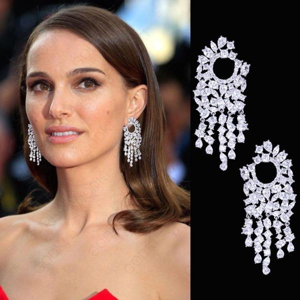 

godk 52мм luxury celebrity любимый дизайн кубический цирконий себе женщины длинные падения кисточки серьги свадьбы свадебные украшения, Silver