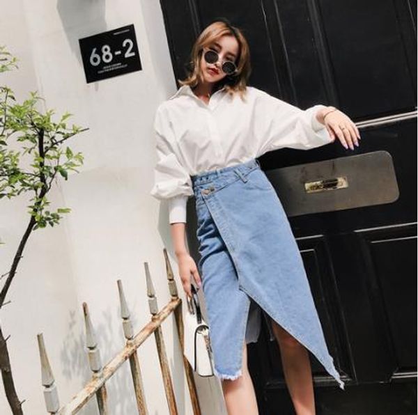 

split jeans skirt for female a-line high waist asymmetrical denim saia midi ripped pocket button summer streetwear jupe femme lj, Black