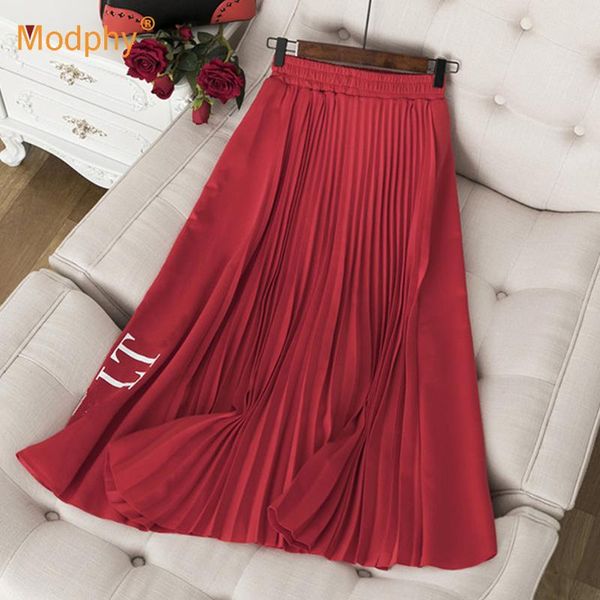 

letter printed high waist pleated skirt black red women's casual party elegant draped skirt female 2020 fashion summer new