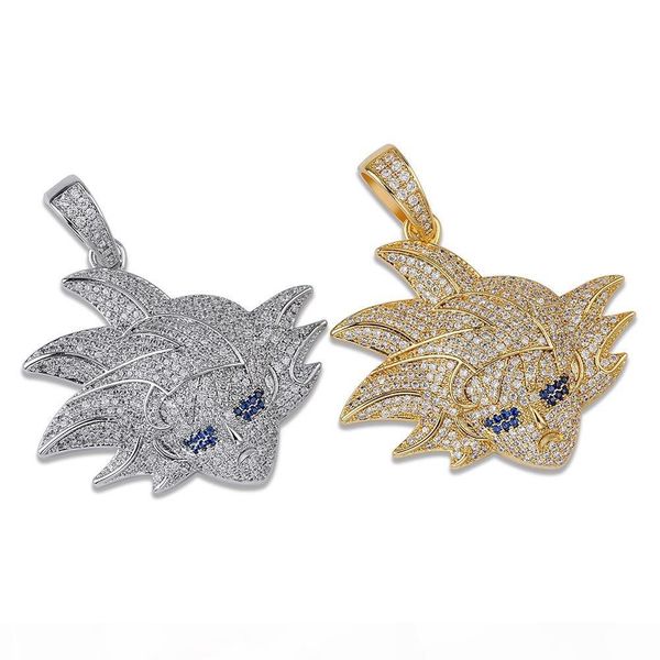 

men hiphop dragon ball character gokan pendant & necklace gold plated cubic zirconia cartoon charm with chain punk rapper jewelry, Silver