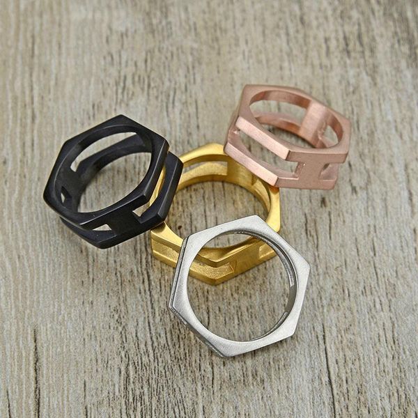 

valilymen's black plated simple hexagon shape finger ring stainless steel geometric design jewelry ring for women men,wholesale, Silver
