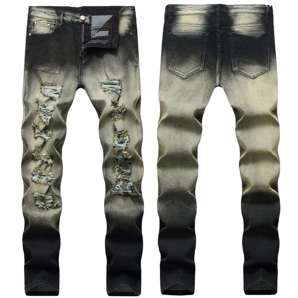 

men's jeans elastic ripped slim men trousers casual denim pants classic cowboys young man retro double color, Blue