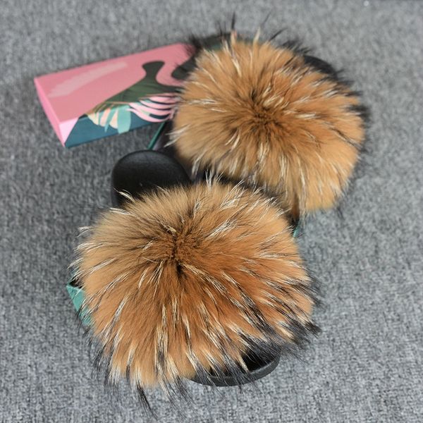 

завод оптовой подлинная моды енота слайды 100% виден шерсти енота тапочки для женщин флип-флоп сандалии fur, Black