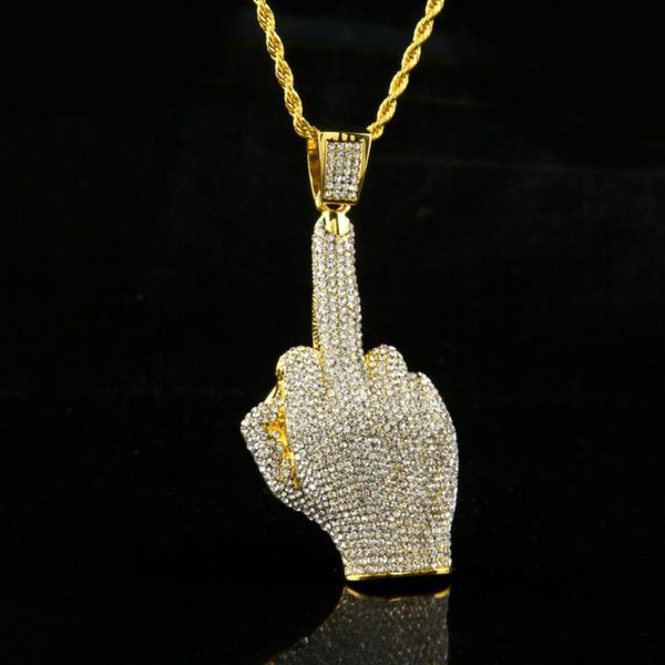 

hip hop men gold color full rhinestone big middle finger pendants necklaces with 30inch long twist chain for mens jewelry, Silver