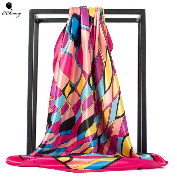 

women scarf satin silk foulard spring cheveux plaid printed luxury hijab scarfs square head scarves shawls and wraps 90x90cm, Blue;gray
