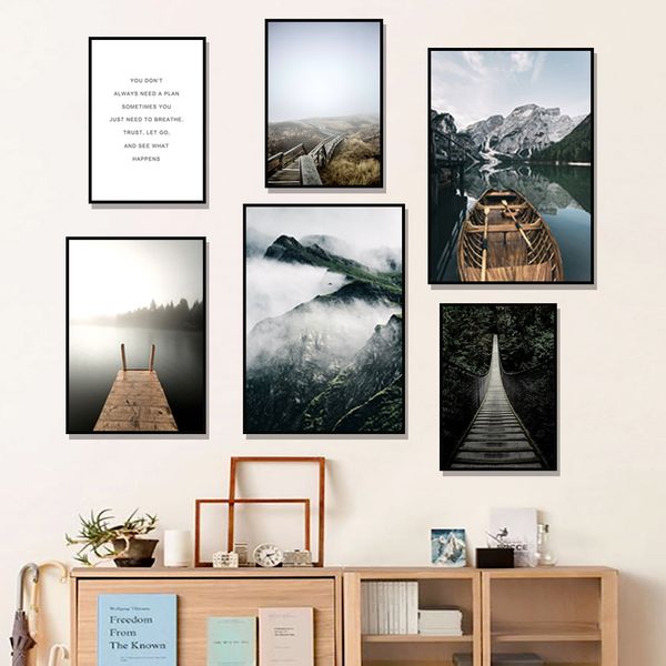 

scandinavian mountain foest bridge landscape poster nordic art canvas print nature scenery painting wall picture home decoration