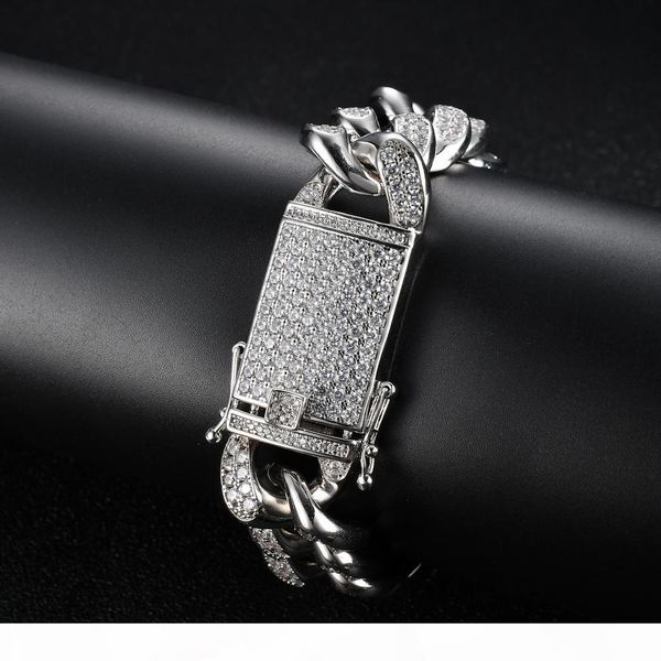 

2cm width 8inch 9inch chunky brass cz bracelet hip hop iced out zircon cuban chain bracelet men's jewelry copper cz cuban bracelet b015, Black