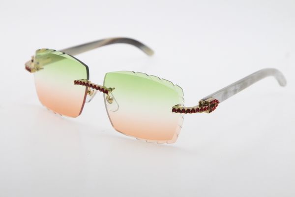 

2020 new selling rimless red big stones optical 3524012-a white genuine horn buffalo horn sunglasses carved lense glass unisex, White;black