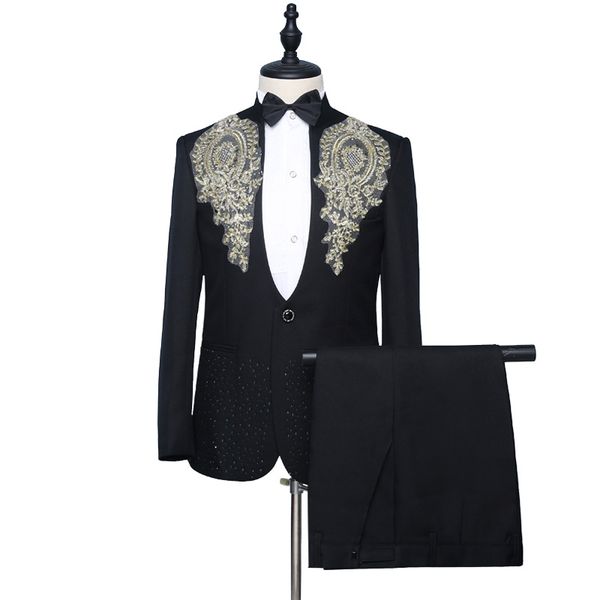 2020 neueste 2-stück Schwarz Hochzeit Formal Eine Taste Männer Anzüge Baumwolle Mischung Party Pailletten Business Erreichte Revers Blazer anzüge Für Männer