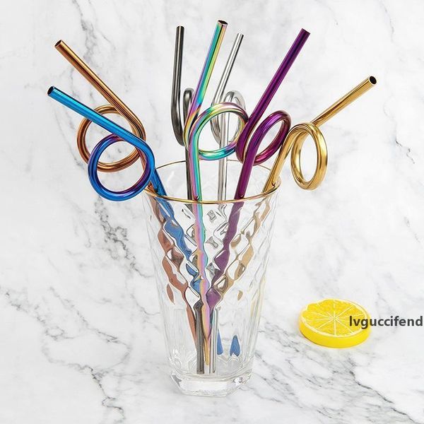 

230*6mm 304 stainless steel straw creative colorful curved metal straw juice cocktail coffee tea reusable drinking straws hha892