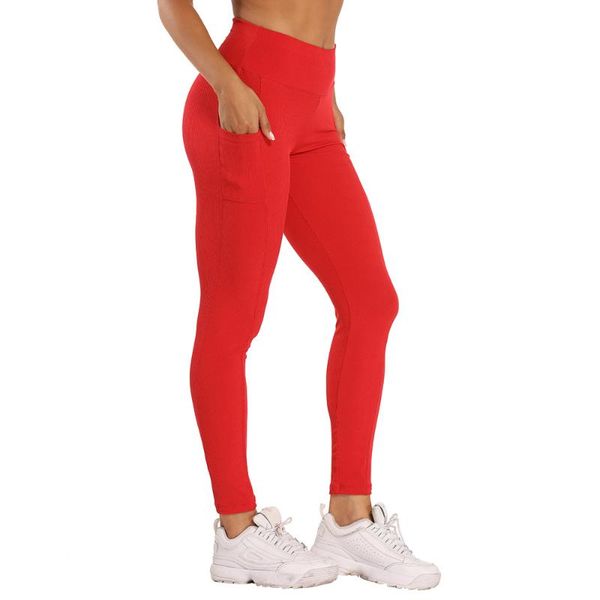

textured athleisure fitness leggings ribbed high waist pocket scrunch bum workout yoga pants vertical thread stretch sports wear, White;red