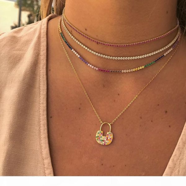 

y 2018 selling european usa women gift jewelry rainbow cz tennis choker necklace statement necklaces colorful stone 2mm tennis chok, Silver