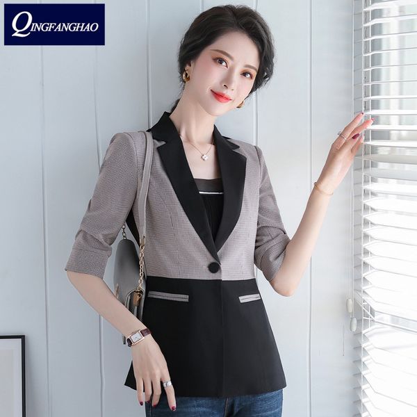 

2020 new korean color matching small suit women's jacket slim commute wild white-collar temperament middle-sleeved suit, White;black