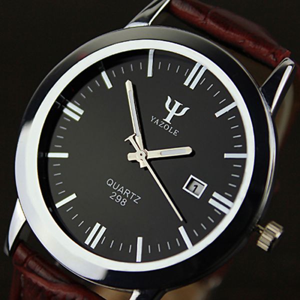 

yazole men's watch blue glass lumino watch men leather fashion watches clock saat relogio masculino reloj, Slivery;brown