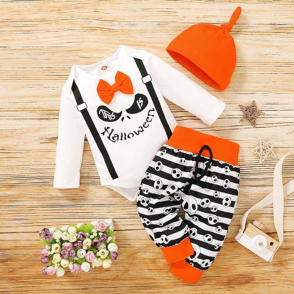 

baby boy girl clothes new fashion autumn three-piece set halloween cartoon print romper+stripe pants+hat outfits, Blue