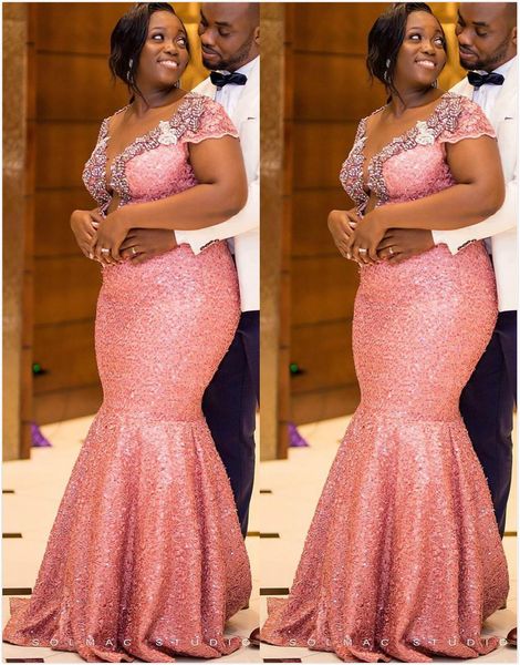 

arabic aso ebi blush pink sparkly evening dresses lace beaded crystals prom dresses mermaid formal party second reception gowns c18, Black;red