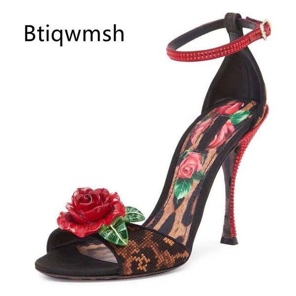 

2020 hand knitted sandals women flower rhinestone crystal leopard high heels shoes woman wedding shoes, Black