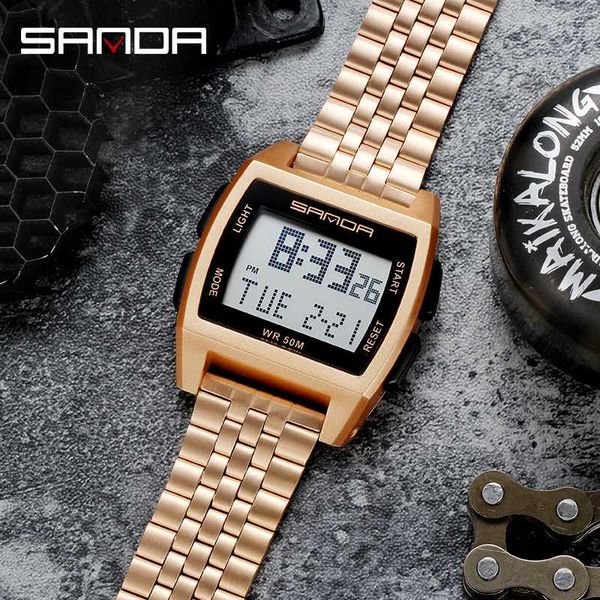 

fashion men digital watch gold steel multi-functional square dial luminous waterproof electronic watches relogio masculino, Slivery;brown