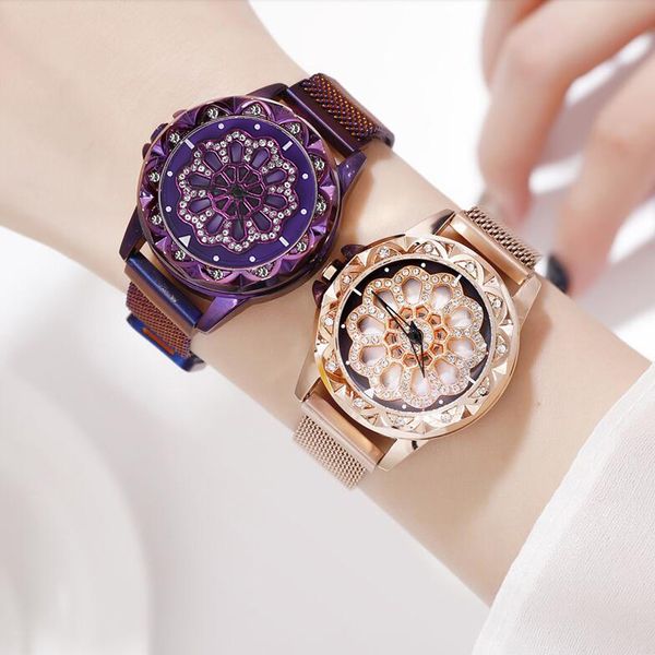 

drop shipping luxury magnetic watches 360 rotate dial design watch lucky stainless steel bracelet quartz clock relogio feminino, Slivery;brown