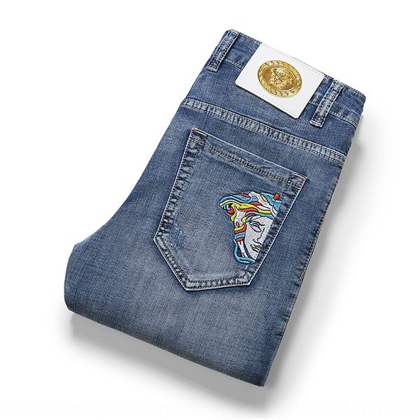 

большой mei dusha эластичные эластичного cottonembroidered стрейч хлопок джинсы мужские вышитый случайный стрейч хлопок тонкие брюки летом, Blue