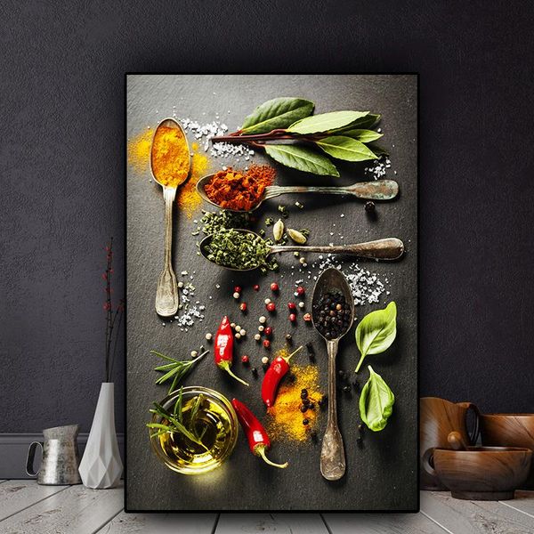 

Grains Spices Spoon Peppers Kitchen Canvas Painting Wall Art Pictures Painting Wall Art for Living Room Home Decor (No Frame)