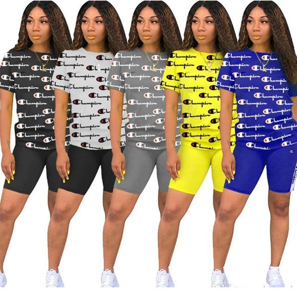 

womens champion outfits short sleeve 2 piece set tracksuit jogging sportsuit shirt shorts outfits sweatshirt pants sport suit selling p6, Gray