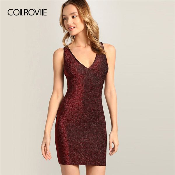

colrovie burgundy v neck criss cross back glitter bodycon dress women 2020 summer club vestidos stretchy glamorous dresses, Black;gray