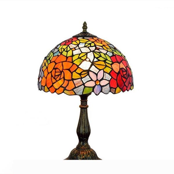 

European creative pastoral rose bar hotel bedroom bedside table lamp American Tiffany stained glass lighting TF001