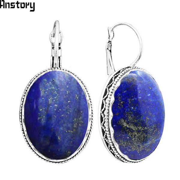 

big oval natural lapis lazuli earrings for women vintage antique silver plated flower pendant cuff fashion earrings te441