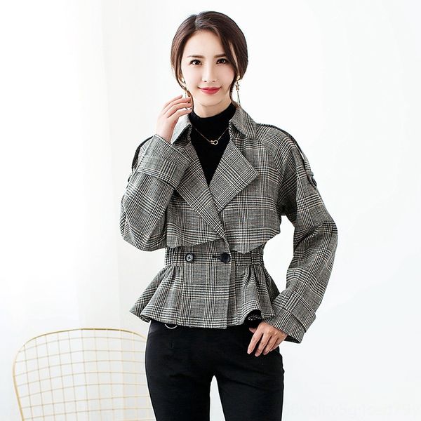 

2020 осень зима wool coatand новый британский стиль женщин короткий шерстяное пальто модно все соответствует плед лацкан талии покрывающих п, Black