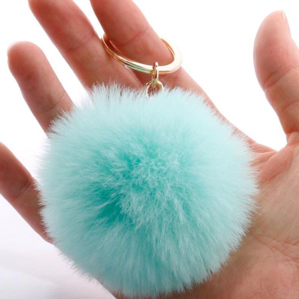 

fluffy metal alloy pom keychain pendant cute pompom artificial rabbit fur ball key chain bag car key ring hang bag, Silver