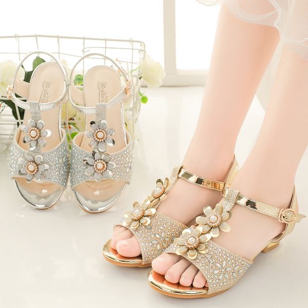 

women's sand sandals als new fashion crystal flower high-heeled princess shoes medium and large children's children's shoes, Black;red