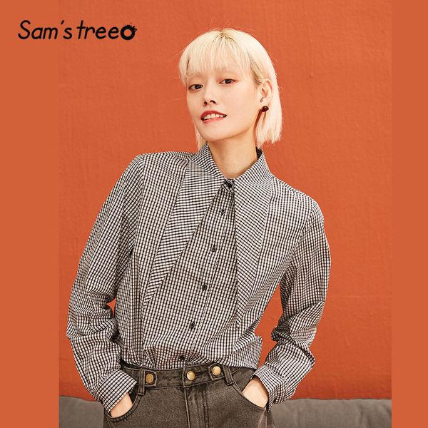 

samstree плед tie воротник vintage british элегантная блузка рубашка женщины top 2020 осень оранжевый workwear офис дамы блузы, White