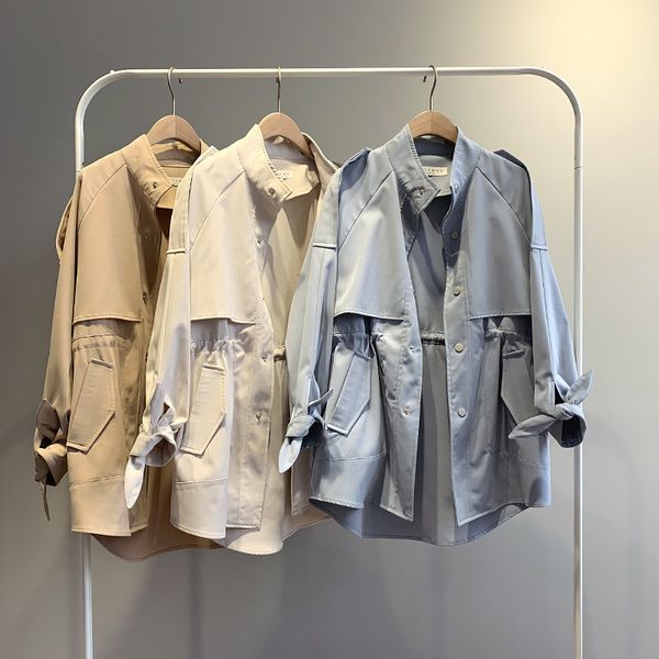 

women's trench coats fashion women female spring windbreaker drawstring casual loose jackets clothes stand collar short, Tan;black