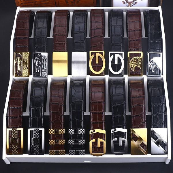 

7 crocodile pattern men's buckle layer cowhide genuine belt leather steel buckle belt, Black;brown