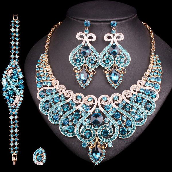 

luxury bridal jewelry set for wedding crystal ring bracelet necklace earring set indian party costume accessories gift for women t200302, Slivery;golden
