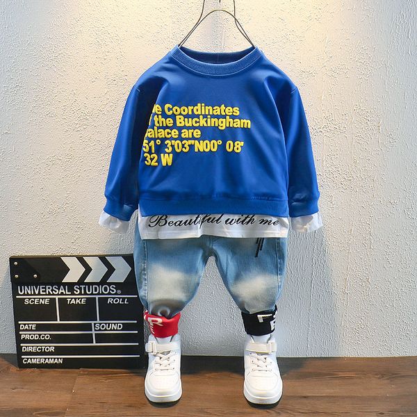 

spring autumn fashion toddler baby kid boy 2pcs outifit set letter printing long t-shirt+jeans pants boys clothes set 2-6years, White